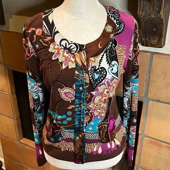 Blumarine Brown Rayon/Spandex Multicolor Mixed Print Cardigan, 6! - Picture 1 of 12